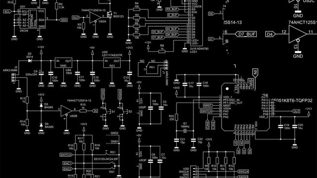 Video animation with schematic diagram of 
electronic device. Animated motion lens increase effect. Drawing electrical circuit with capacitor, resistor, processor chip. Computer technic cad design.