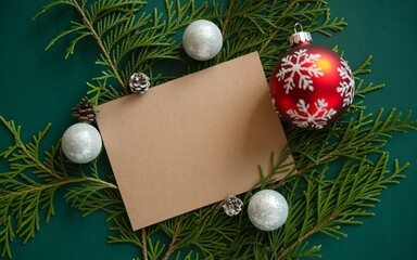 A blank brown card rests nestled among green pine branches and festive holiday ornaments. Shiny red and white baubles add a splash of classic Christmas color to the elegant composition.
