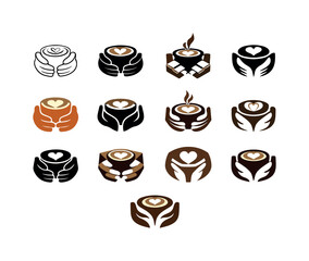 Latte Hand Logos. Latte in hand. Icon set. Set Logo of latte in hand: cup warming hands. harmonious logo variations of the same emblematic concept, each with