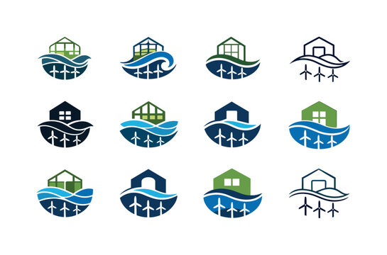 Urban Farming Logos. urban farming riptides. Icon set. Set Logo of urban farming riptides: tidal energy greenhouse. harmonious logo variations of the same