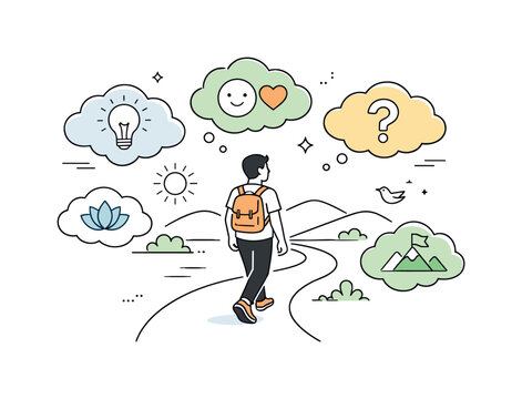 Path of Curiosity. Self-discovery journey. A person walking along a winding path in nature, looking ahead with curiosity, gentle icons of thoughts and emotions