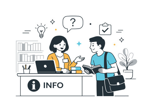 Welcoming Library Scene. Library community space. A friendly library scene with a librarian assisting a visitor near an information desk. Warm, welcoming