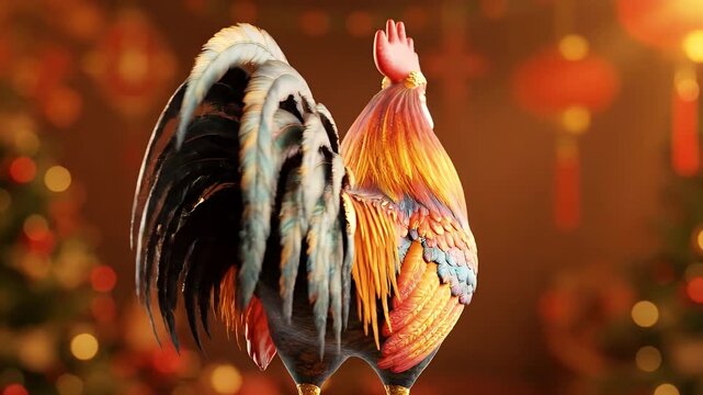 Majestic 3D Animated Chinese Zodiac Rooster with Iridescent Feathers Gilded in Festive Warm Lighting