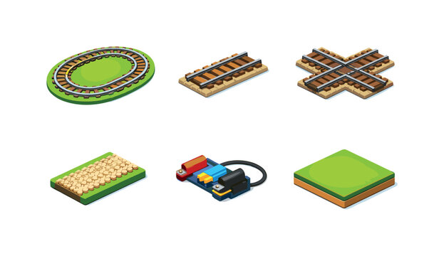 Colorful Railway Layout Icons. Railway Layout. Isometric flat vector icons set of Railway Layout: oval track layout, straight track section, crossing track