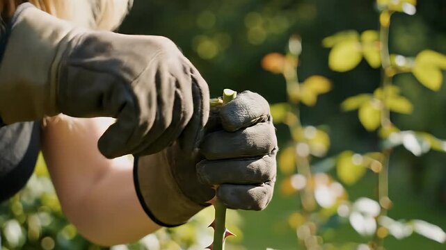 Macro Daylight Loop Removing Thorns from Garden Rose Bush with Gloves in Greenery Backyard on Sunny Day Gardening