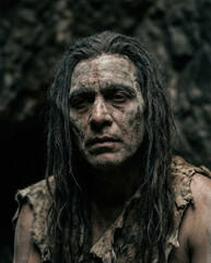 Obraz premium Ancient Man with Muddy Face and Fur Clothing