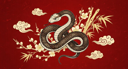 Fototapeta premium Chinese Zodiac Snake Symbolism and Artistry A Majestic Representation on a Red Background with Blooming Branches and Clouds