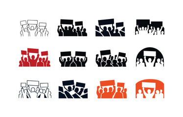 Naklejka premium Protest Emblems Collection. Streets filled with protesters. Icon set. Set Logo of Streets filled with protesters: crowd holding banners. harmonious logo