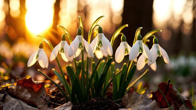 Cluster of white snowdrops blooming amidst fallen leaves in a forest at sunrise