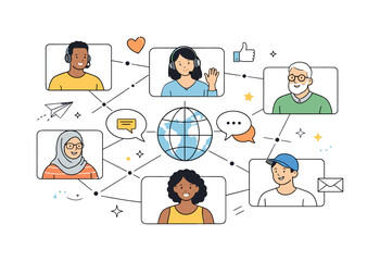 Global Virtual Connection. Global virtual connection. People from different locations appear in simple frames, linked by lines and icons that represent