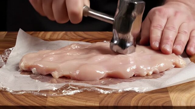 Person using a meat tenderizer on a raw chicken cutlet