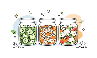 Obraz premium Minimalistic Fermentation Jars. Glass fermentation jars. Clear glass jars with simple lids, filled with vegetables and liquid, showing a calm home fermentation