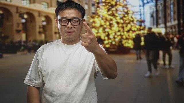 Man wearing glasses and white t shirt points finger to camera amid festively lit holiday display on city street; confidence empowerment boldness assertiveness.