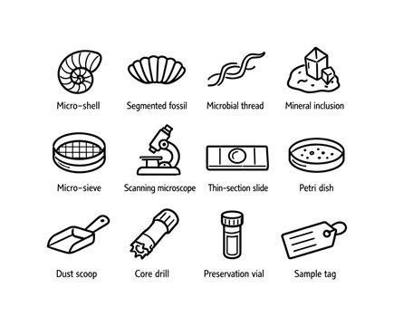 Extraterrestrial Fossil Exploration Icons. Search for extraterrestrial microfossils. Line icon set of Search for extraterrestrial microfossils: micro-shell,