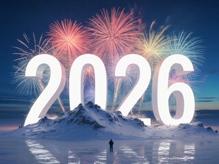  Vibrant fireworks explode in the night sky behind a massive 3D "2026" sign perched on a snowy mountain. A small silhouette of a person stands in the foreground, gazing at the spectacular display over