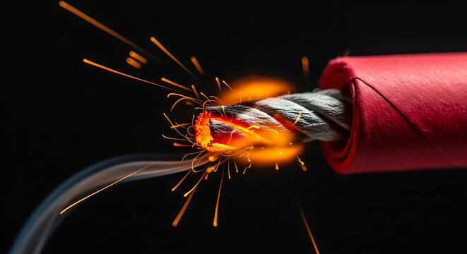 Close-up of a burning fuse with sparks flying against a dark background, representing danger and ignition