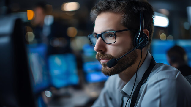 Focused emergency operator dispatching aid, unsung hero in headset, emergency response work, 911 call center scene, crisis communication moment, faceless operator working,