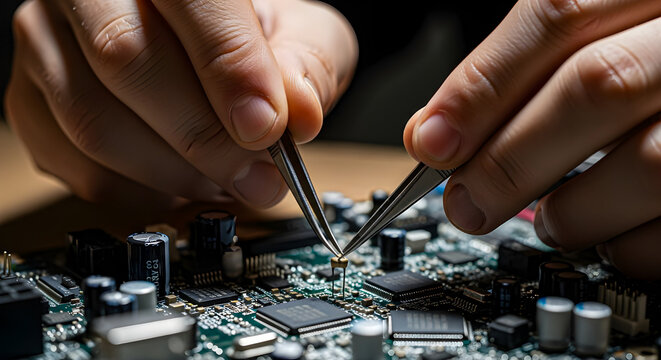 Hand Using Tweezers to Place Tiny Component on Circuit Board