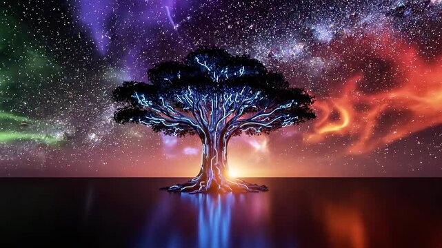 A majestic colorful tree stands at the center, surrounded by vibrant beams and nebulae in the starry sky