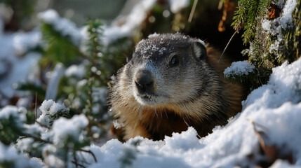 Obraz premium Curious groundhog emerging from snow, whiskers flecked with winter's touch, wildlife in winter scene, animal emerging from burrow, rodent in snowy landscape, defocused snow