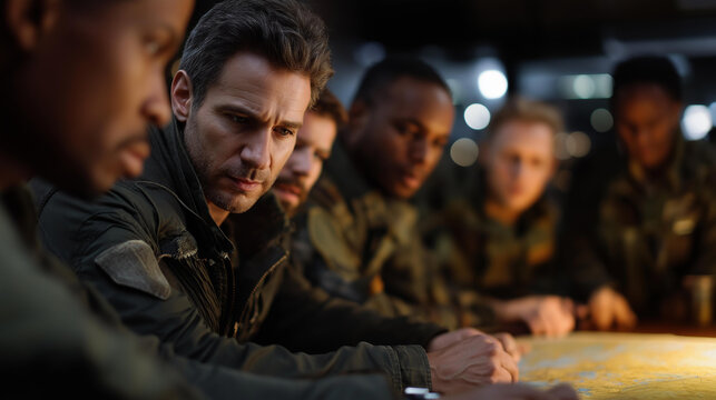 Military personnel gathered around map, expressions focused strategizing with intent and collaboration, dimly lit room setting, tactical planning scene, military strategy meeting,