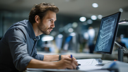Fototapeta premium Focused architect working diligently on complex building design on computer screen, modern office setting, architectural planning work, professional design activity, faceless