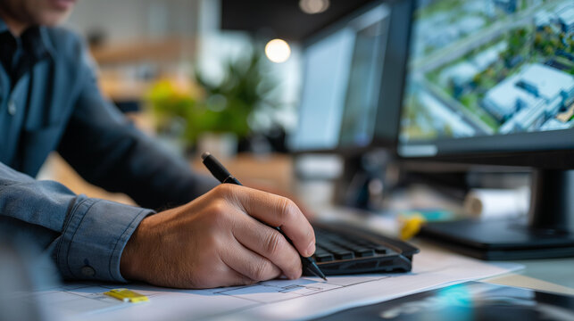 Focused architect working diligently on complex building design on computer screen, modern office setting, architectural planning work, professional design activity, faceless