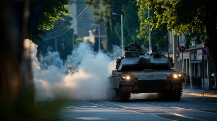 Naklejka premium Tank advancing through smoke on city street, tension and unrest palpable scene, urban military presence, conflict zone visualization, armored vehicle in urban setting, defocused