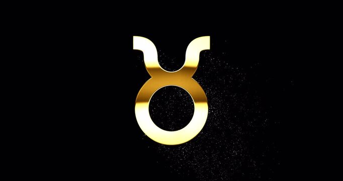 Taurus gold zodiac sign with glare and glittering falling particles, Taurus symbol with specular highlight reflection, loop footage