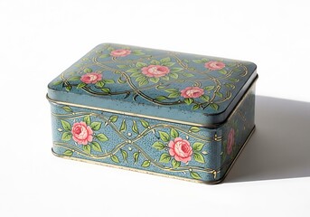 Vintage Floral Tin Box with Pink Roses and Blue Background