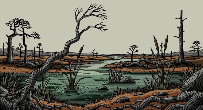 Desolate marshy landscape with twisted trees and a central body of water