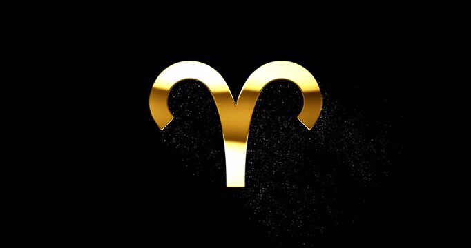 Aries gold zodiac sign with glare and glittering falling particles, Aries symbol with specular highlight reflection, loop footage
