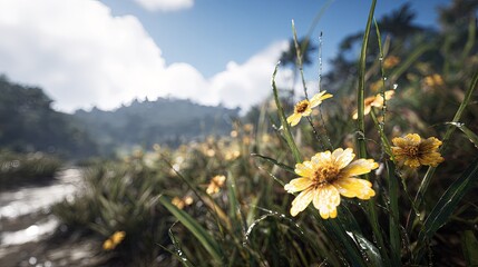 Yellow Flowers In A Meadow With Mountain Background