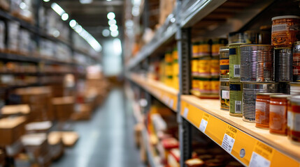 Fototapeta premium Well-stocked warehouse aisle filled with various canned goods and products, bright lighting in organized layout, retail storage facility, inventory management scene, product
