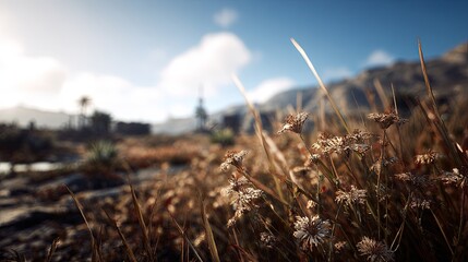 Dry Plants Desert Landscape Golden Light