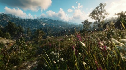 Scenic Field And Hills Under Sunny Sky