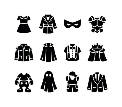 TV Costume Icons. TV Character Costumes. Solid icon set of TV Character Costumes: classic sitcom dress, detective trench coat, superhero mask, fantasy armor,