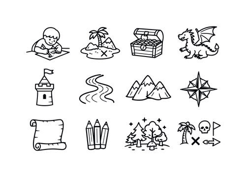 Fantasy Map Icons. Kids designing fantasy maps. Line icon set of Kids designing fantasy maps: child drawing map, fantasy island, treasure chest, dragon icon,