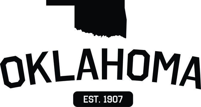 Oklahoma state typography design featuring bold collegiate lettering, a state map silhouette, and established 1907 date for souvenir merch, university apparel, and local pride graphics.