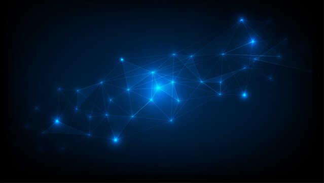 Abstract blue digital technology background with glowing nodes and connecting lines, data communication, AI, blockchain and futuristic innovation for business and science concepts, Vector illustration