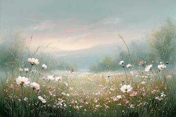 Pastel Field Of Flowers Under Soft Light