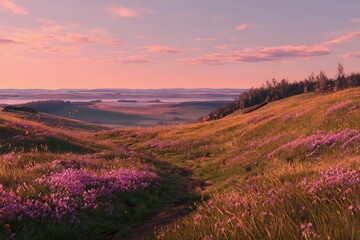 Pink Flowers Sunset Landscape Hilltop View