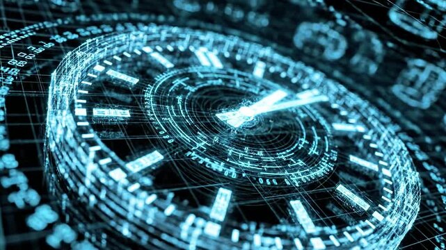 A futuristic digital clock face with glowing blue circuitry and grid patterns