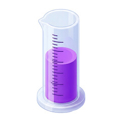 3D laboratory beaker with purple liquid and measurement marks, glass graduated cylinder science experiment container