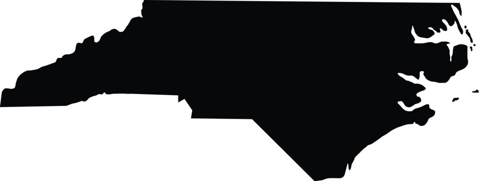 North Carolina state map silhouette vector illustration featuring a solid black shape of the NC border isolated on white for Tar Heel state pride designs and regional geography icons.