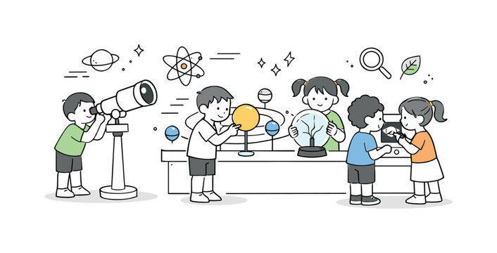 Kids Exploring Science. Kids at a science museum. Children exploring interactive exhibits, curious gestures and focused attention while learning through play.