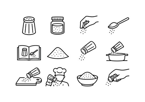 Salt Icon Set. Cooking salt. Line icon set of Cooking salt: table salt, salt jar, pinch of salt, seasoning spoon, recipe seasoning, kitchen ingredient, salt