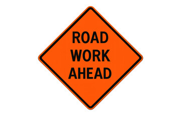 Orange road work ahead warning sign with transparent background