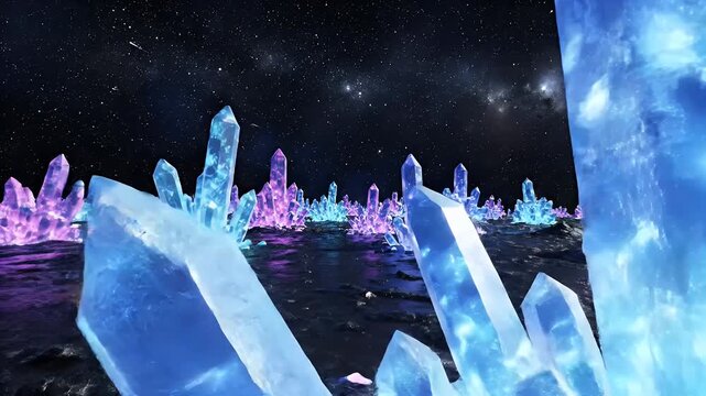 Stunning cosmic landscape featuring vibrant crystal formations and a starry night sky.