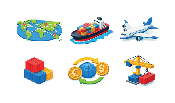 Isometric Global Trade Icons. Global Trade. Isometric flat vector icons set of Global Trade: world map with trade routes, cargo ship with containers, freight